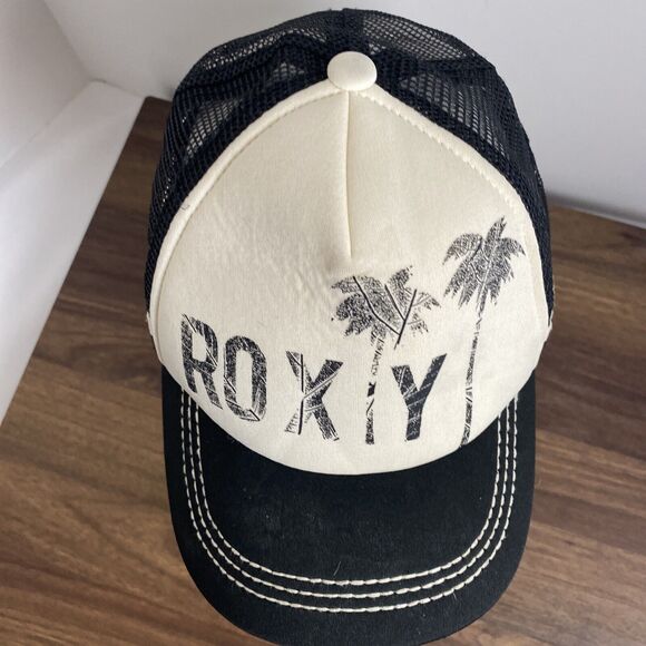 ROXY Hat Cap Trucker Foam Snapback Mesh Palm Tree Black White Beach Surf Sun - Picture 3 of 11
